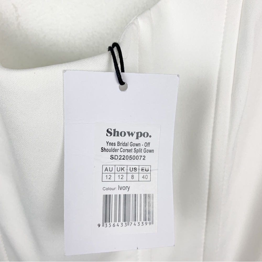 NWT Showpo. Ynes Off The Shoulder Corset Split Bridal Gown in Ivory Sz 8 - Picture 10 of 12